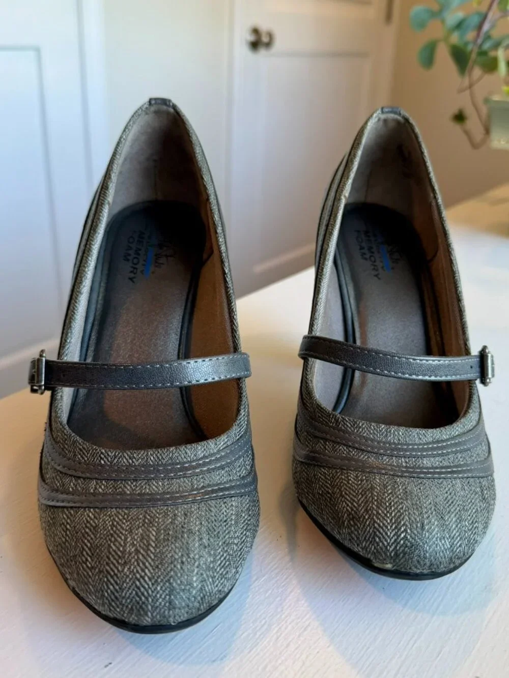 LifeStride Velocity Bimala Tweed Mary Jane Heels – Gray, Size 7 with Memory Foam